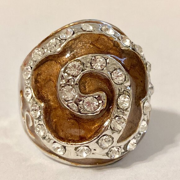 Vintage Brown Enamel Swirl Crystal Cocktail Ring Art Deco Silver Plated Size 8 - Picture 3 of 12